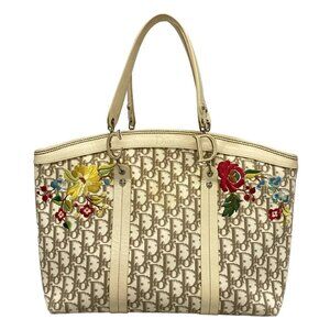 Auth DIOR/ChristianDior Flower,Trotter - Cream Dark Brown Multi Jacquard Leather